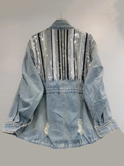 Striped Sequins Design Loose Denim Jacket