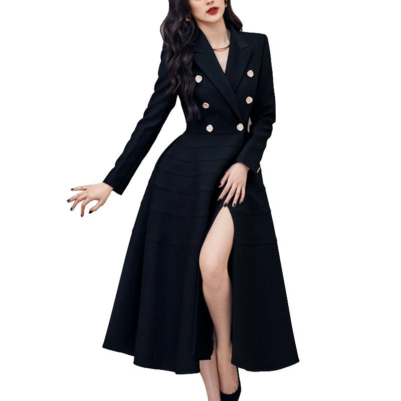 Elegant Celebrity Dress: Black, Long-Sleeved, Rhinestone Buttons, Open Western Collar, Swing Style