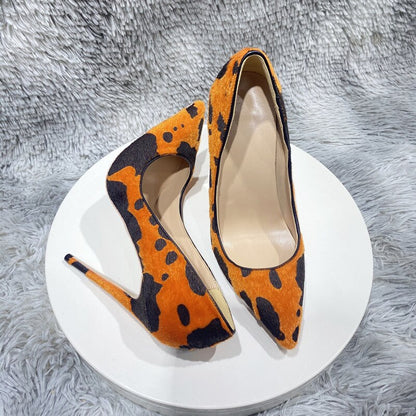 Cow Print Hairy Flock Pointy Toe High Heel Shoes