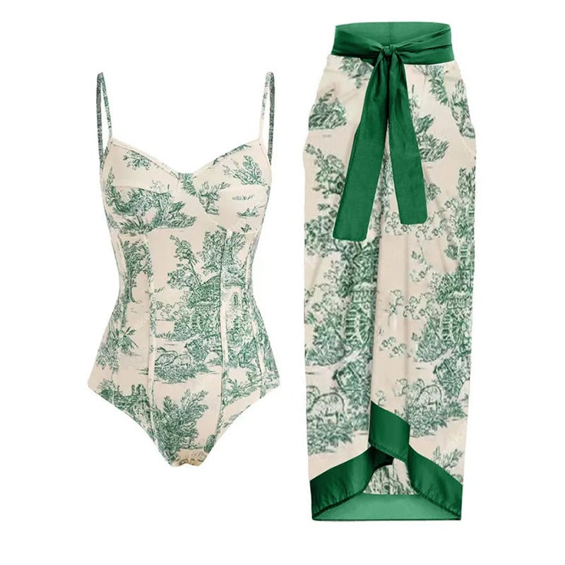 Conservative Vintage Print Slimming Fit Swimwear