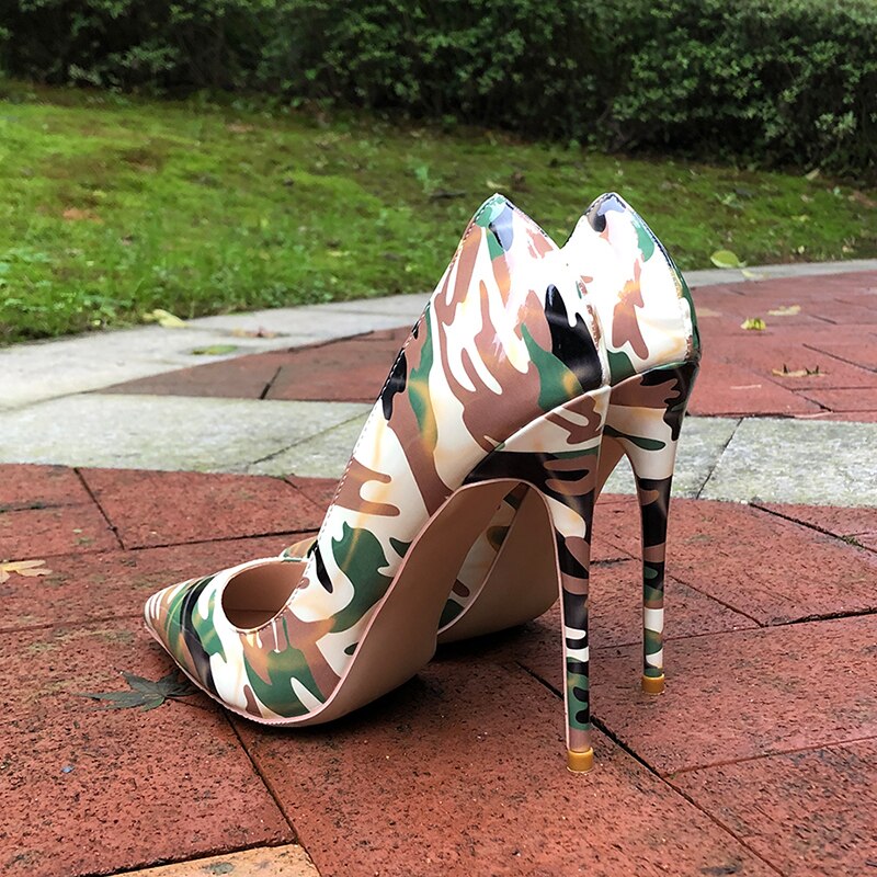 Tikicup Women Camouflage Patent Pointy Toe High Heel Shoes Unique Ladies Fashion Dress Stiletto Pumps Plus Size 33-45