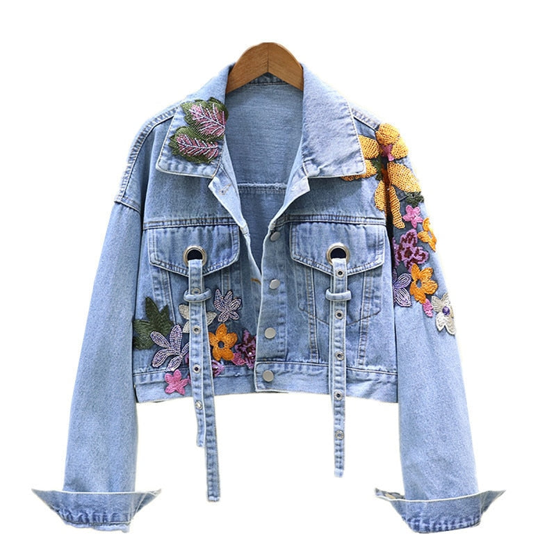 Denim Jacket W/ Flowers Embroidery Sequins Jeans Jacket