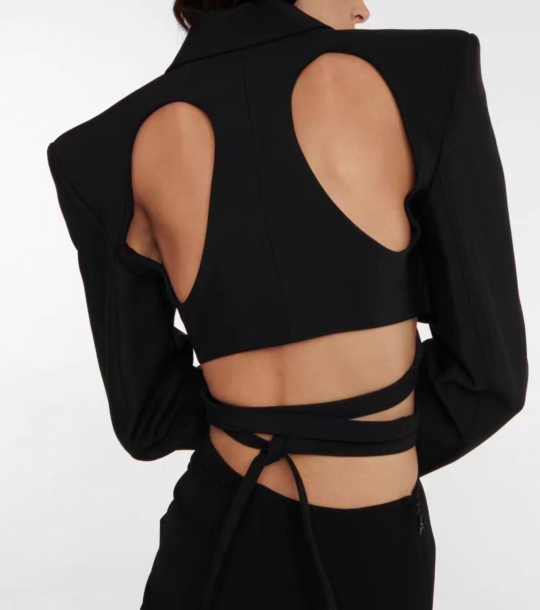 High-Grade Black Suit Coat: Modern Street Style, Cutout Backless Waist, Spicy Girl Vibes, Photo Texture