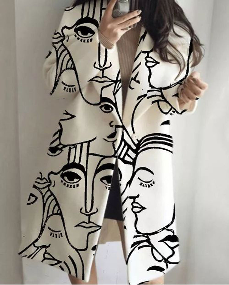 Long Sleeve Printed Woolen Coat