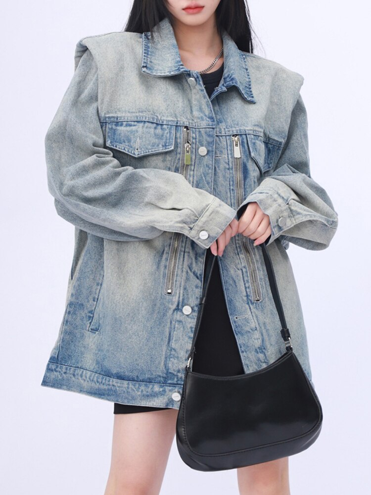 [EAM] Loose Fit Blue Denim Big Size Casual Jacket New Lapel Long Sleeve Women Coat Fashion Tide Spring Autumn  1DF6799