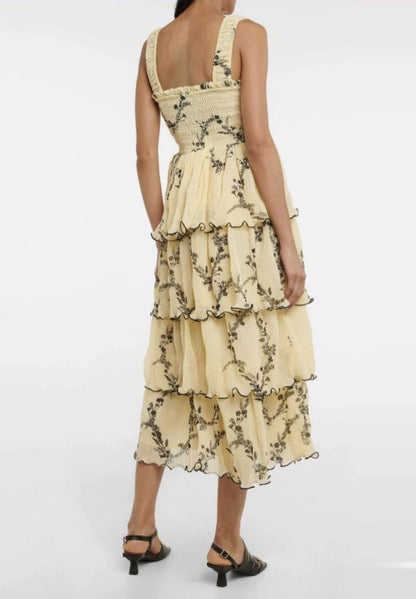 Chic Off-Shoulder Ruffled Layer High-Waist Stretch Midi Dress