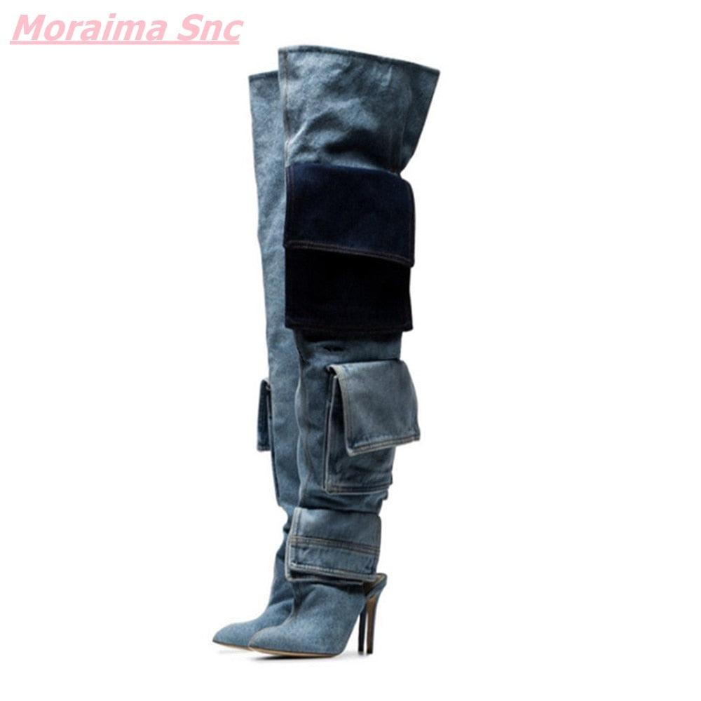 Patchwork Denim Over-the-Knee Boots