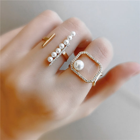 Trendy Style Zircon Open Ring Women Simulated Pearl Geometric Rings Fashion Brass Jewelry Wholesale