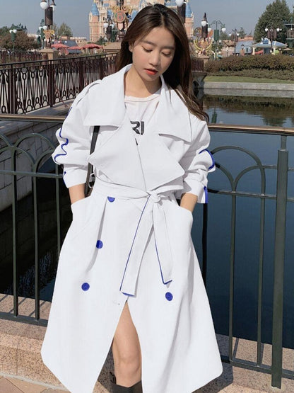 Contrast Color Long Double-Breasted Trench Coat