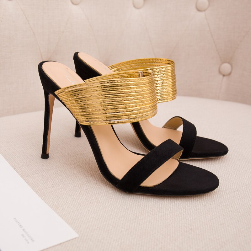 Open Toe Design with Gold Leather Cutouts and Thin Heels