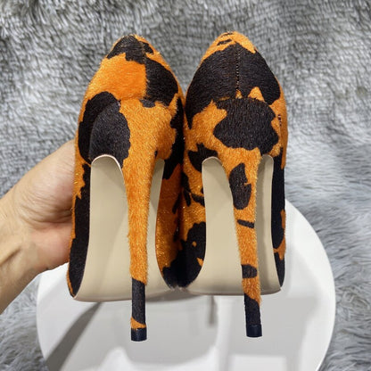 Cow Print Hairy Flock Pointy Toe High Heel Shoes