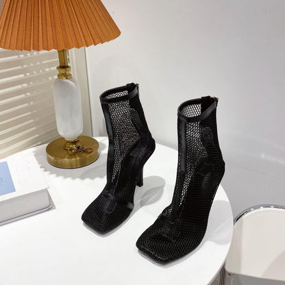 Square Toe Hollow Mesh Ankle Boots