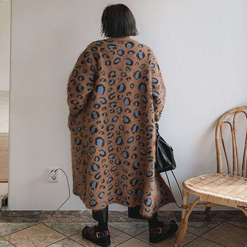 SuperAen  Leopard-print Sweater Knee-length Casual Full Cardigan