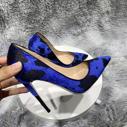 Tikicup Blue Cow Women Hairy Flock Pointy Toe High Heel Shoes Comfortable Elegant Ladies Formal Dress Slip On Stiletto Pumps