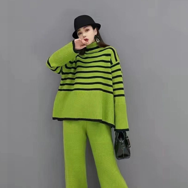 High-Neck Sweater and Wide-Leg Trousers Two-Piece Set