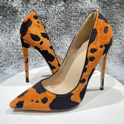 Cow Print Hairy Flock Pointy Toe High Heel Shoes