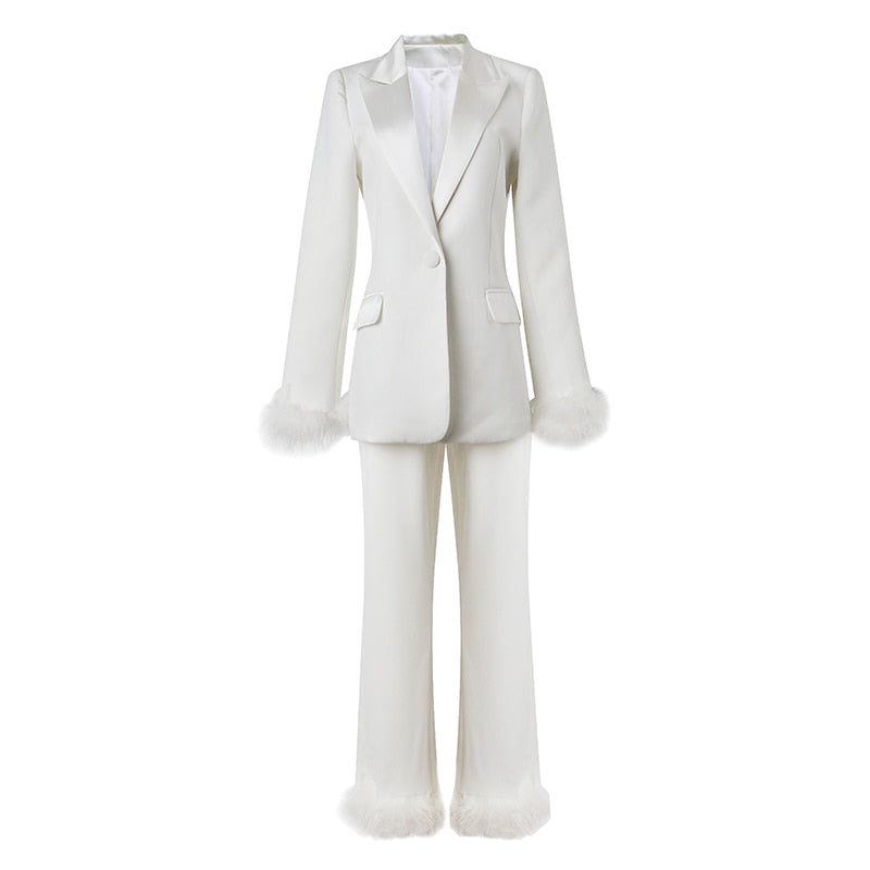 Collar Splice Suit Coat Feather Decorative Straight Trousers Two Piece Set