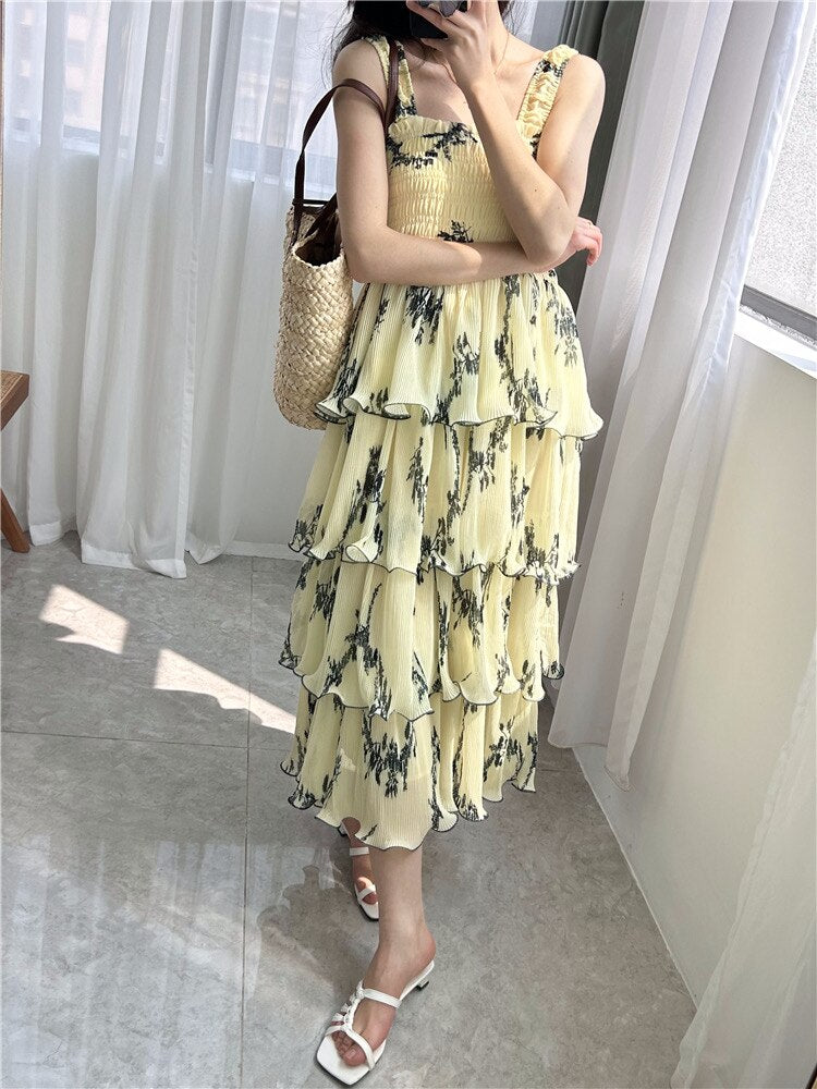 Chic Off-Shoulder Ruffled Layer High-Waist Stretch Midi Dress