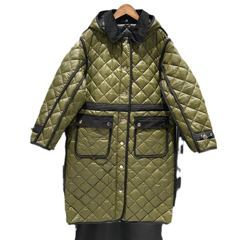 Diamond Grid Quilted Off Shoulder Hooded Jacket