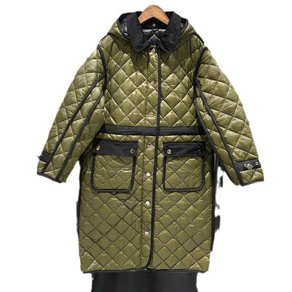 Diamond Grid Quilted Off Shoulder Hooded Jacket