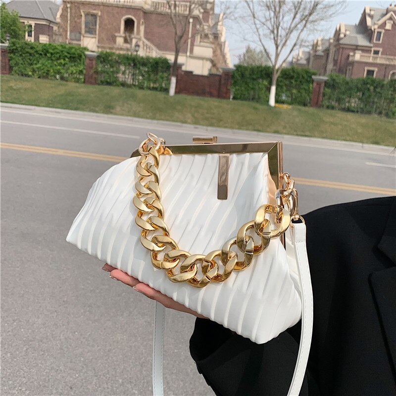 Women's Bag Trend Fashionable Thick Chain Crossbody Bags Striped Leather Ladies Hand Bags Luxury Evening Shoulder Bag Woman