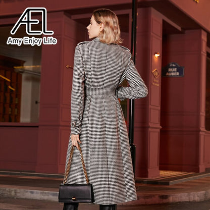 Houndstooth A-Line Trench Coat