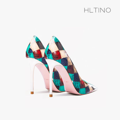 Plaid Snake Pattern High Heels