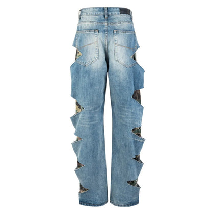 Camouflage Hole Faux Two-Piece Jeans