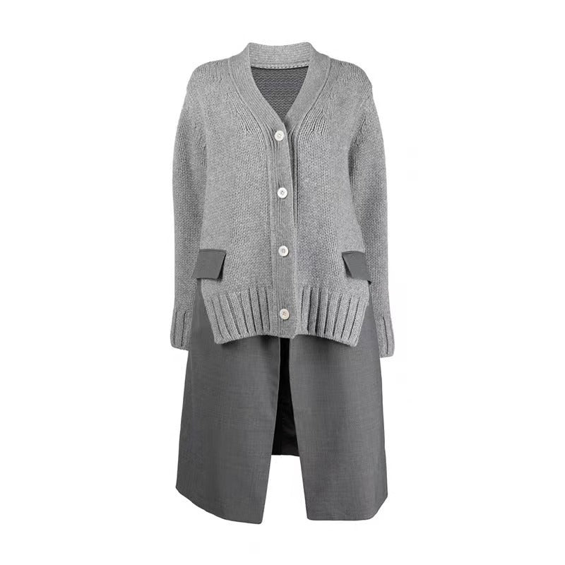 Knitted Patchwork V-neck Cardigan Coat Dress