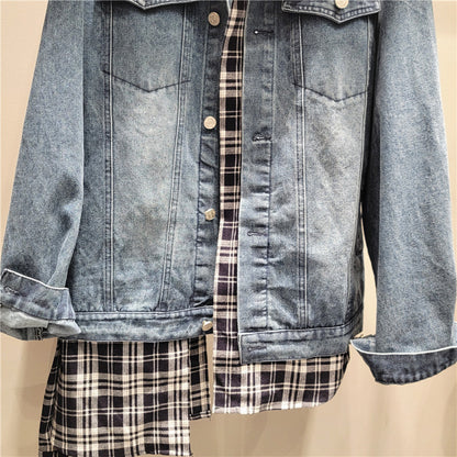 Irregularly Spliced Checkered Denim Jacket