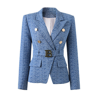 Women's Temperament Commuting Suit OL Temperament Intellectual Shoulder Pad Elegant Coat Denim Fabric Jacquard