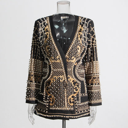 Elegant French-Inspired Suit: Beaded, V-Neck, Long-Sleeved Jacket with Print Splicing