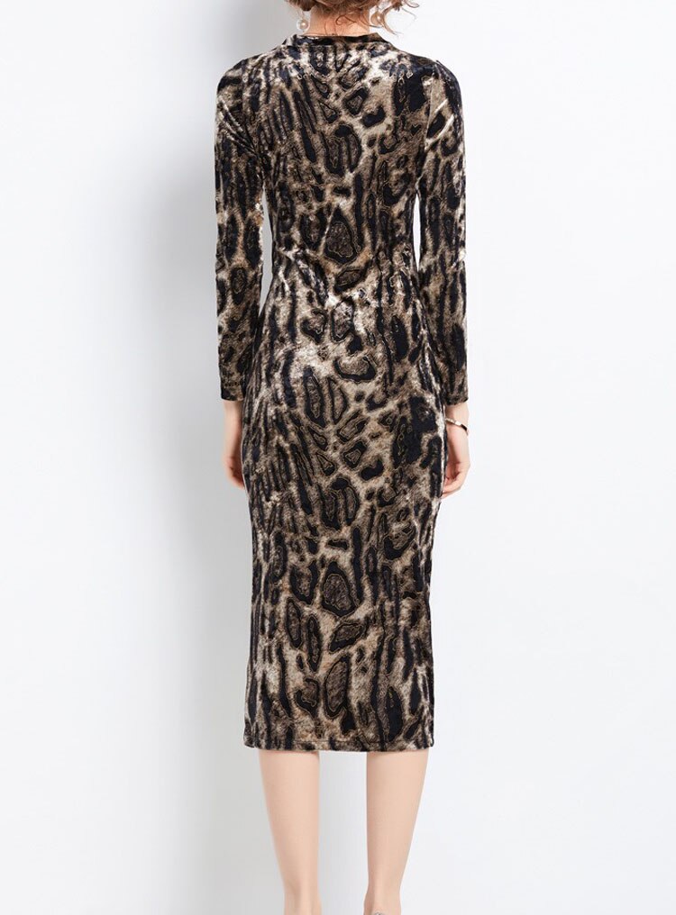 Designer Leopard Velvet Bodycon Midi Dress