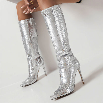 Women's Shoes Newest Zipper Super High Thin Heels Pointed Toe Bling Gold Silver Dress Party Lady Shoes Knee High Boot