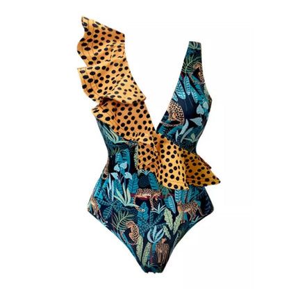 Leopard and Leaf Print Swimsuit