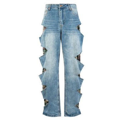 Camouflage Hole Faux Two-Piece Jeans