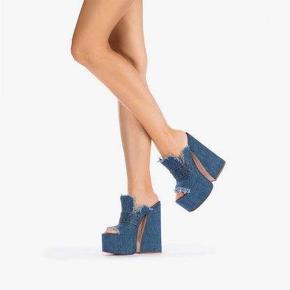 Platform Denim Mules with Peep Toe