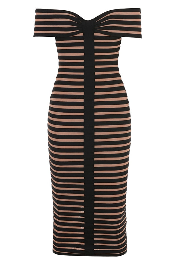 Off-Shoulder Black Stripe Midi Bandage Dress