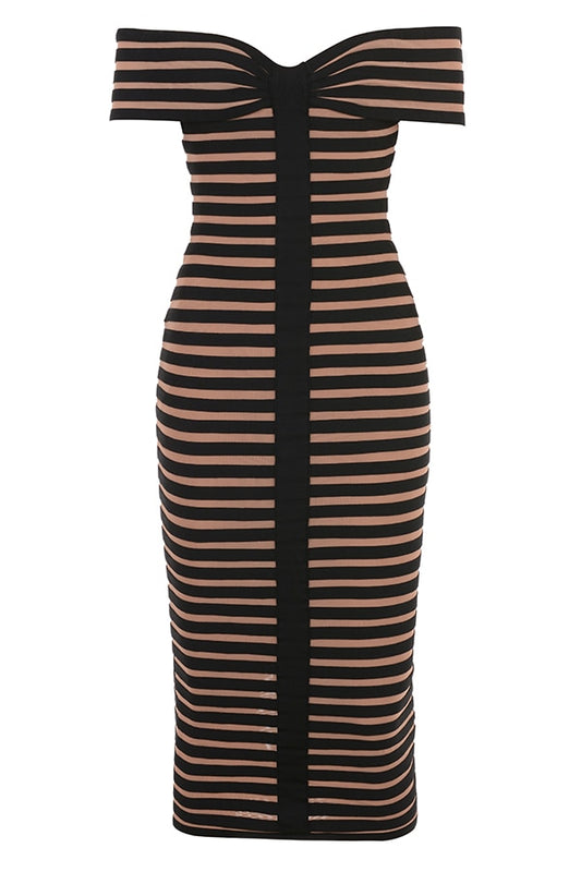 Off-Shoulder Black Stripe Midi Bandage Dress