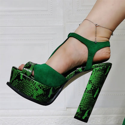 Green Snake Print Platform Sandals