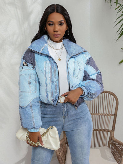 Faux Jean Printed Long Sleeve Parka