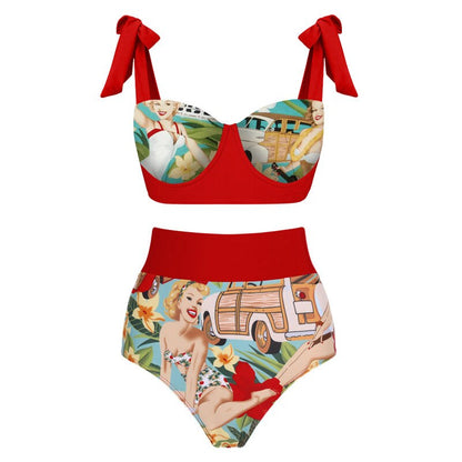 Bikini Lace-up High Waist Retro Printed Two-piece Swimsuit Set