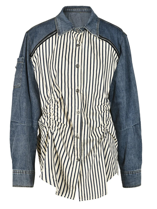 Denim Patchwork Striped Faux 2 Piece Shirt