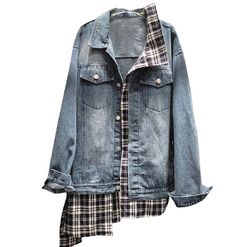 Irregularly Spliced Checkered Denim Jacket