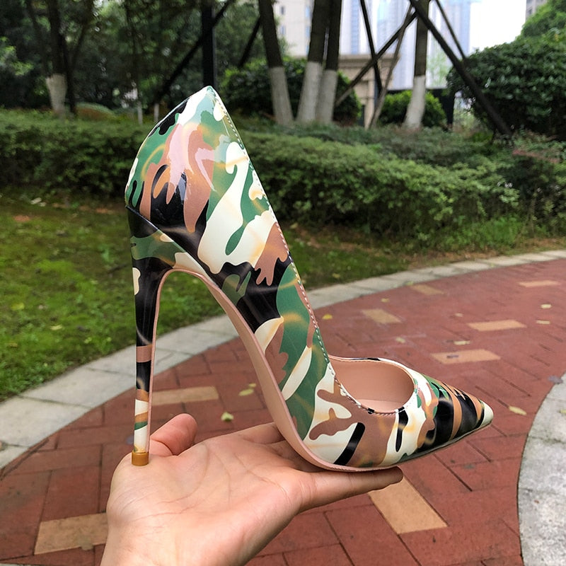 Tikicup Women Camouflage Patent Pointy Toe High Heel Shoes Unique Ladies Fashion Dress Stiletto Pumps Plus Size 33-45