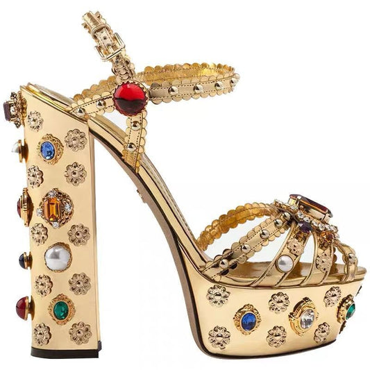 Elegant Gold Chunky Heel Sandals with Crystal & Pearl Embellishments