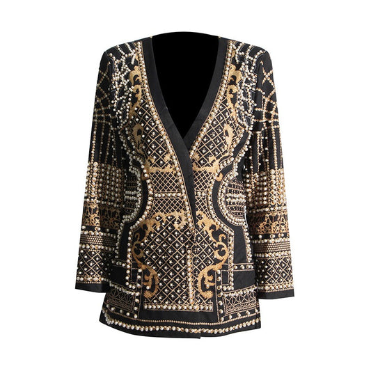 Elegant French-Inspired Suit: Beaded, V-Neck, Long-Sleeved Jacket with Print Splicing