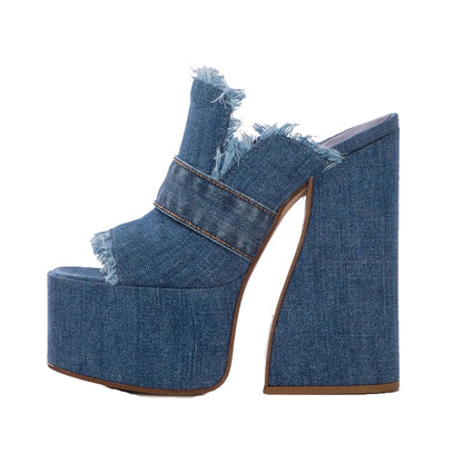 Platform Denim Mules with Peep Toe