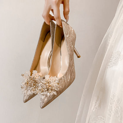 Pointed Toe Party Pumps with Crystal Flower Embellishments