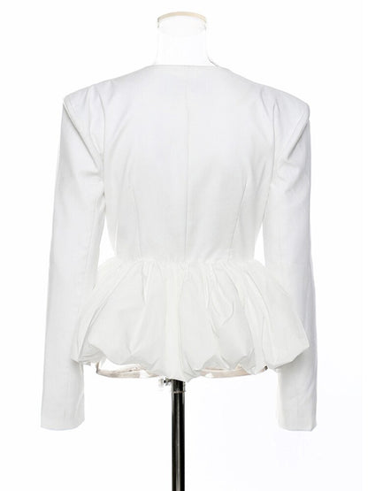 Women White Pleated Elegant Blazer New V-collar Long Puff Sleeve Loose Fit Jacket Fashion Spring Autumn